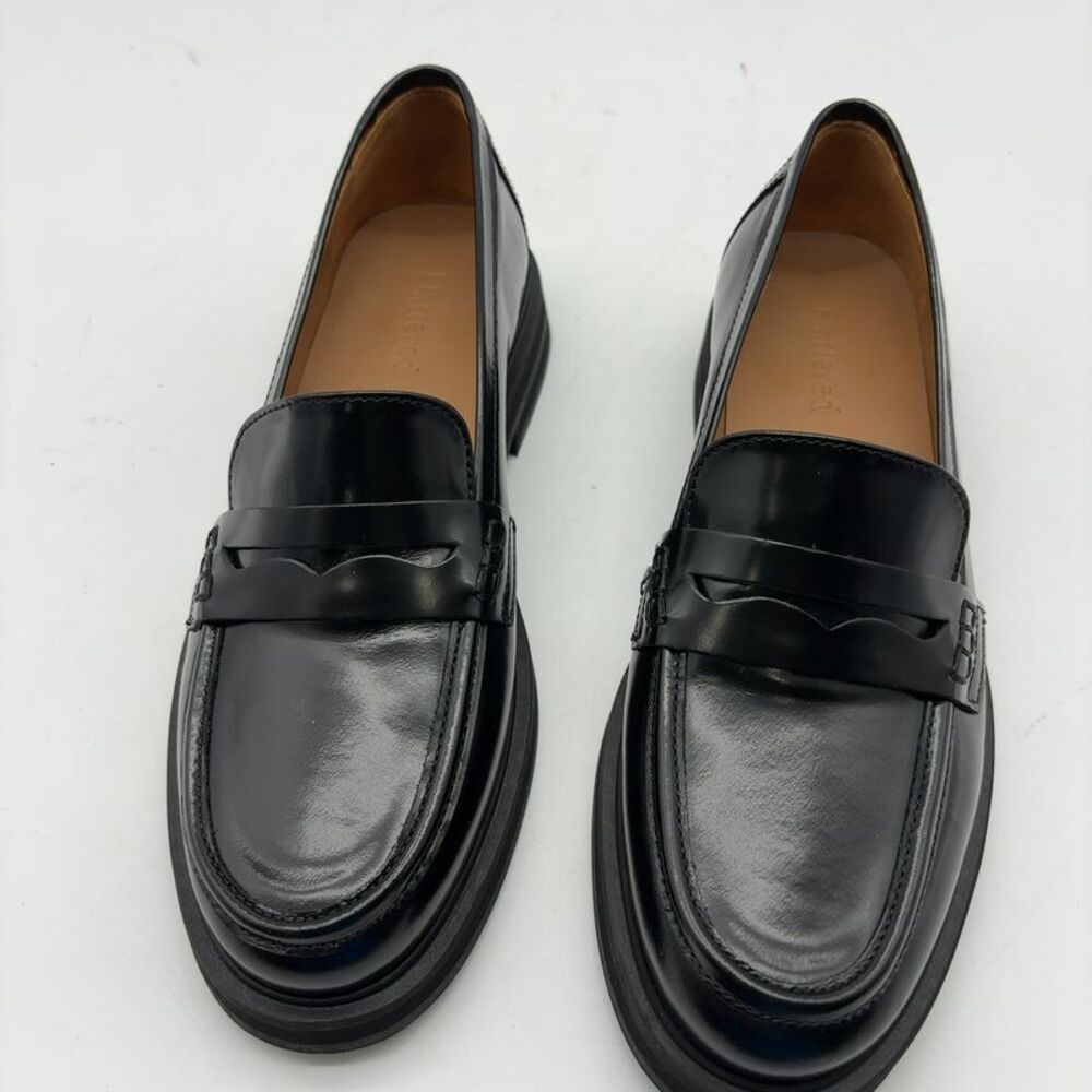 Flattered Leather Penny Loafers‎ Black Chunky Heel